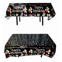 Fata de Masa, din Folie, Imprimeu Happy Birthday cu Baloane, 137 x 183 cm, Negru
