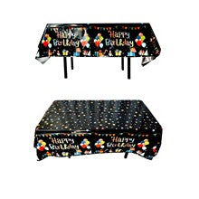 Fata de Masa, din Folie, Imprimeu Happy Birthday cu Baloane, 137 x 183 cm, Negru