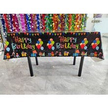 Fata de Masa, din Folie, Imprimeu Happy Birthday cu Baloane, 137 x 183 cm, Negru