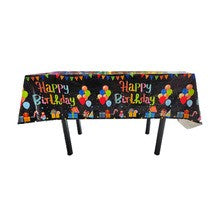 Fata de Masa, din Folie, Imprimeu Happy Birthday cu Baloane, 137 x 183 cm, Negru