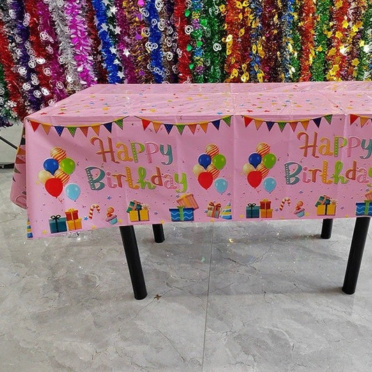 Fata de Masa, din Folie, Imprimeu Happy Birthday cu Baloane, 137 x 183 cm, Roz
