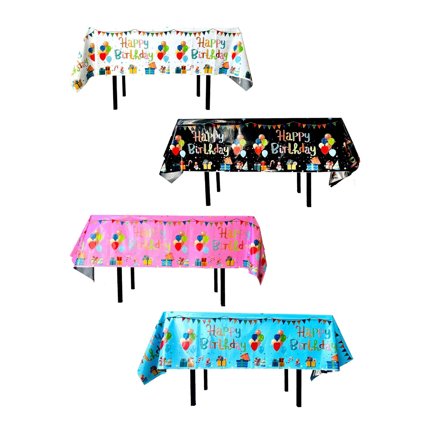 Fata de Masa, din Folie, Imprimeu Happy Birthday cu Baloane, 137 x 274 cm, Alb