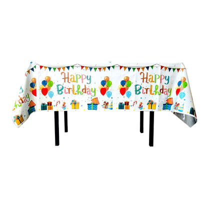 Fata de Masa, din Folie, Imprimeu Happy Birthday cu Baloane, 137 x 274 cm, Alb