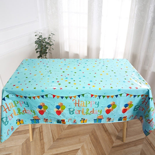 Fata de Masa, din Folie, Imprimeu Happy Birthday cu Baloane, 137 x 274 cm, Albastru