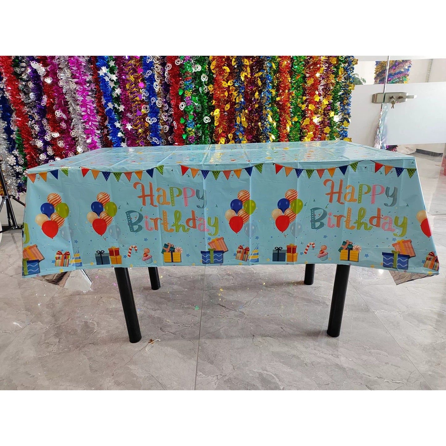 Fata de Masa, din Folie, Imprimeu Happy Birthday cu Baloane, 137 x 274 cm, Albastru
