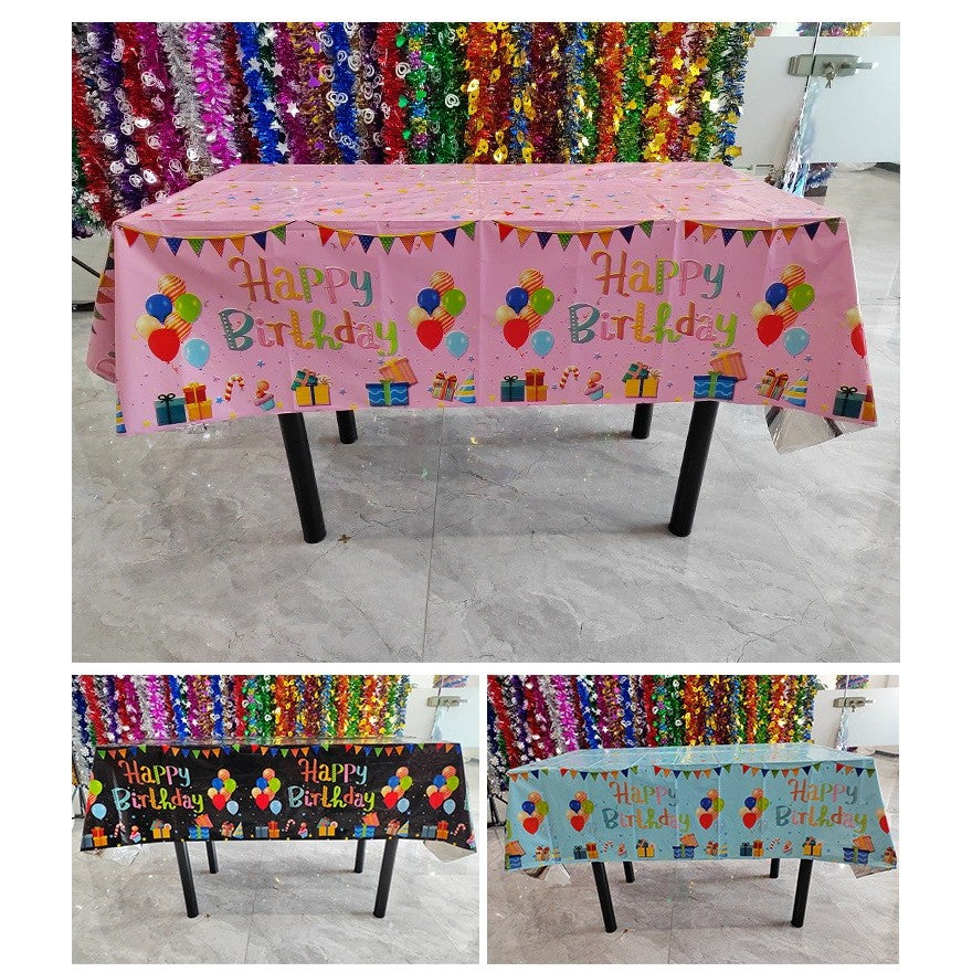 Fata de Masa, din Folie, Imprimeu Happy Birthday cu Baloane, 137 x 274 cm, Albastru