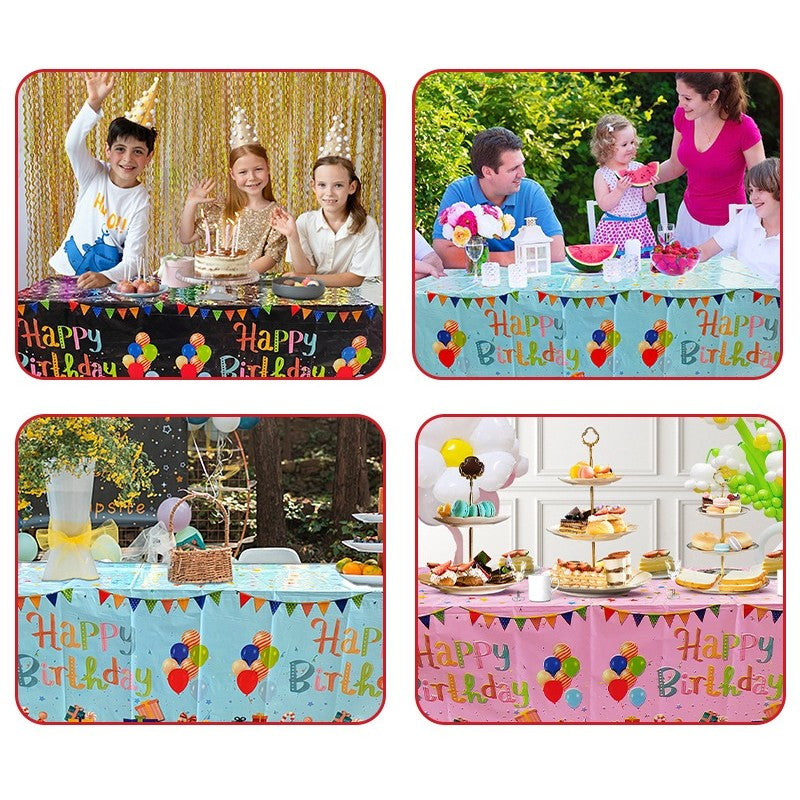 Fata de Masa, din Folie, Imprimeu Happy Birthday cu Baloane, 137 x 274 cm, Albastru