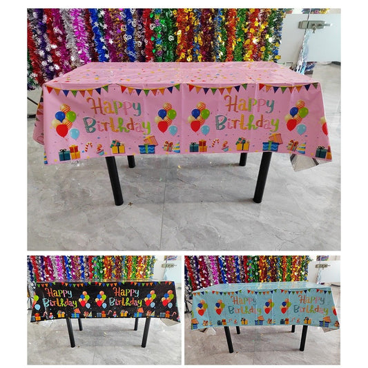 Fata de Masa, din Folie, Imprimeu Happy Birthday cu Baloane, 137 x 274 cm, Negru