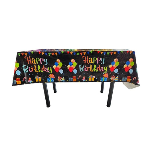 Fata de Masa, din Folie, Imprimeu Happy Birthday cu Baloane, 137 x 274 cm, Negru