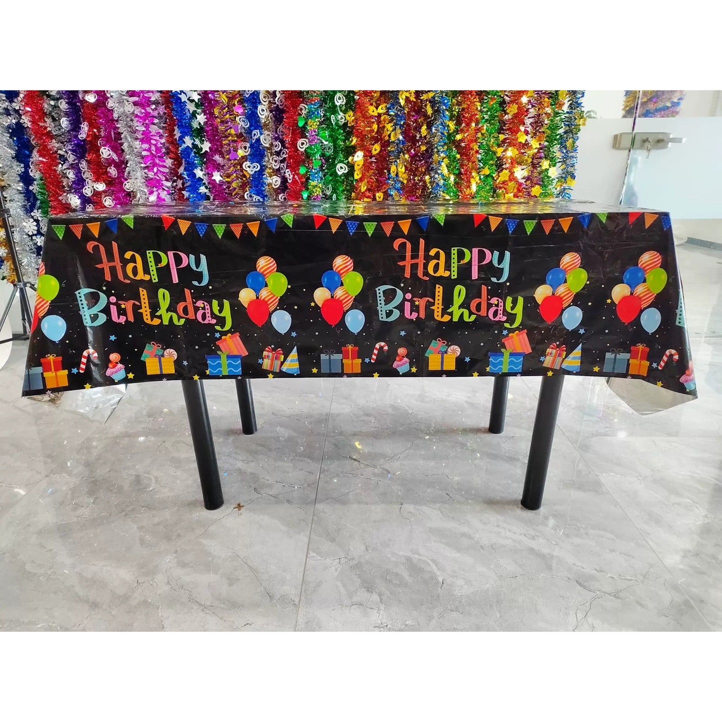 Fata de Masa, din Folie, Imprimeu Happy Birthday cu Baloane, 137 x 274 cm, Negru