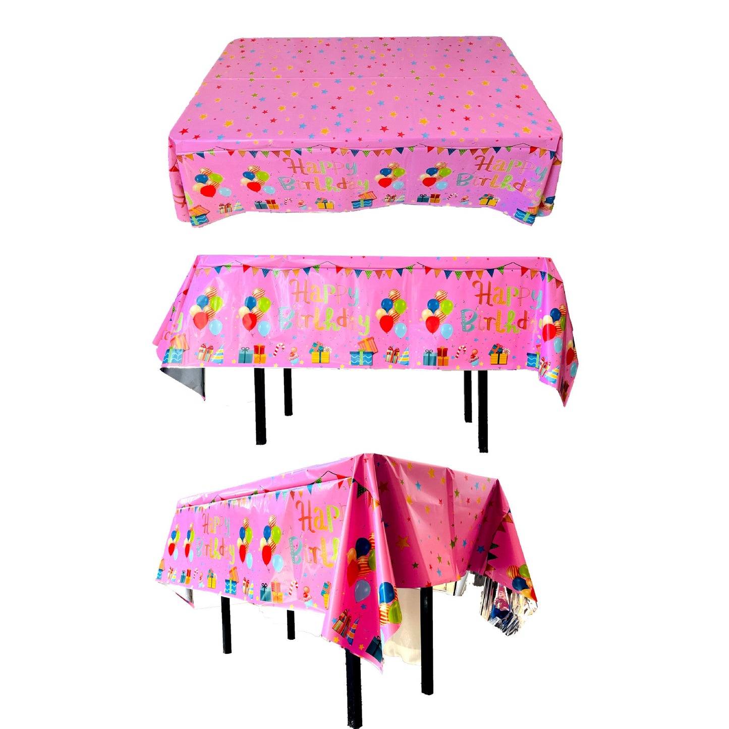 Fata de Masa, din Folie, Imprimeu Happy Birthday cu Baloane, 137 x 274 cm, Roz
