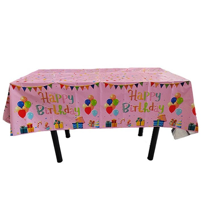 Fata de Masa, din Folie, Imprimeu Happy Birthday cu Baloane, 137 x 274 cm, Roz