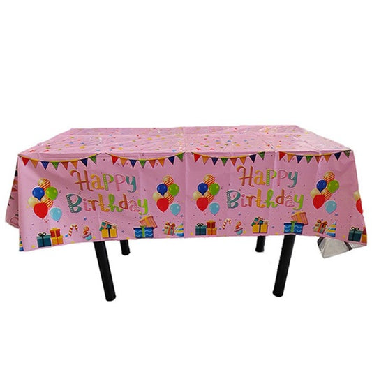 Fata de Masa, din Folie, Imprimeu Happy Birthday cu Baloane, 137 x 274 cm, Roz