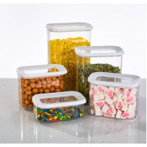Set 5 cutii de depozitare alimente, condimente, diferite dimensiuni, Transparente-Albe