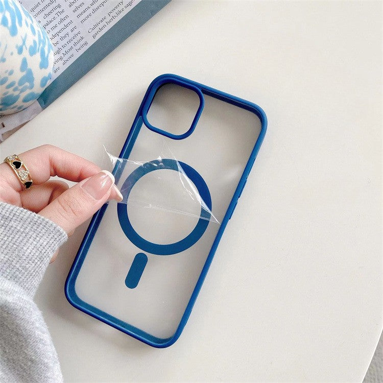 Husa MagSafe pentru Apple iPhone 14 Pro, Full Cover, Frosted Acrylic Color Big Hole, Magnetica, Incarcare Wireless, Albastru