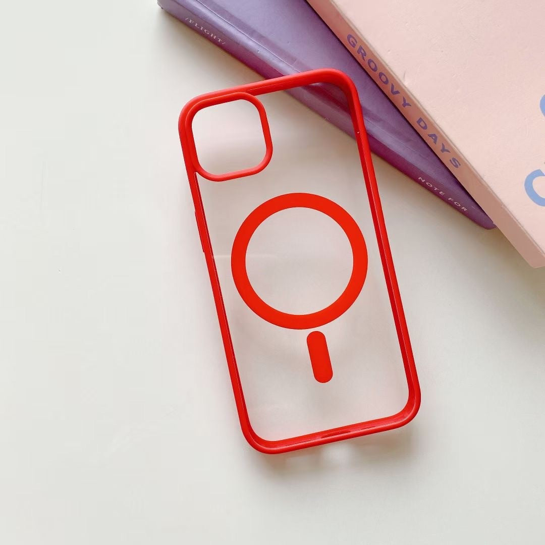 Husa MagSafe pentru Apple iPhone 13, Full Cover, Frosted Acrylic Color Big Hole, Magnetica, Incarcare Wireless, Rosu