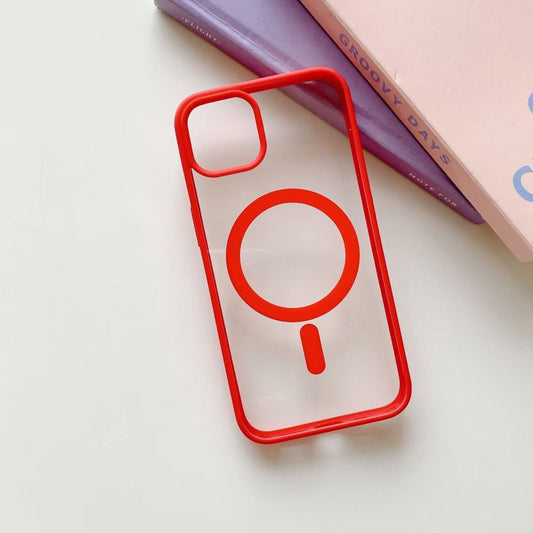 Husa MagSafe pentru Apple iPhone 13, Full Cover, Frosted Acrylic Color Big Hole, Magnetica, Incarcare Wireless, Rosu