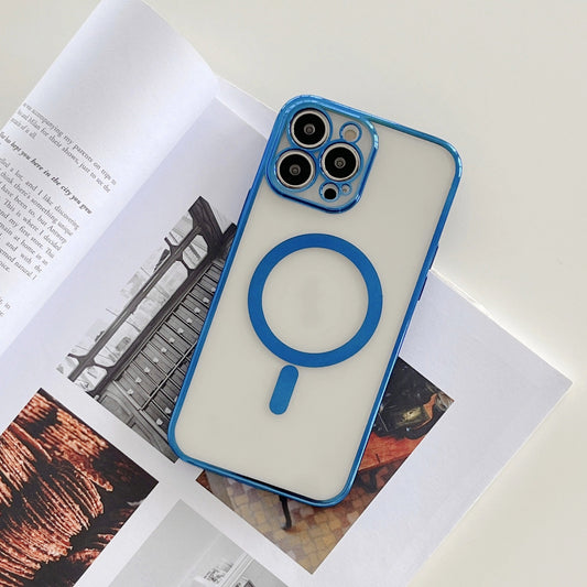 Husa MagSafe pentru Apple iPhone 11, Protectie camera, Full TPU, Margini colorate Electroplating, Magnetica, Incarcare Wireless, Albastru
