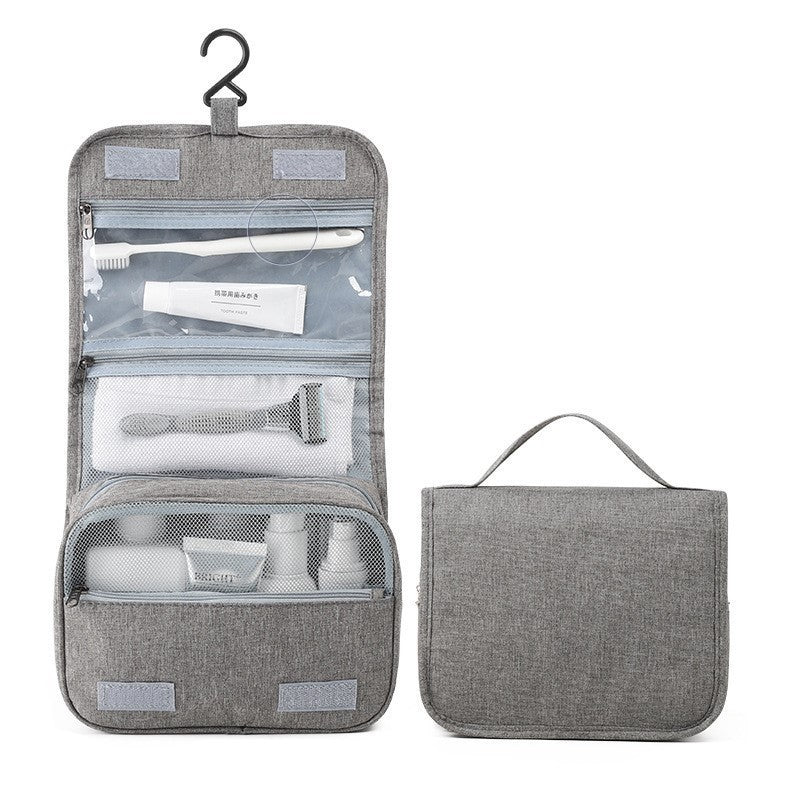 Geanta cosmetice voiaj, material panza, impermeabil, 3 compartimente, cu agatatoare, Gri, 47 x 28 x 20 cm