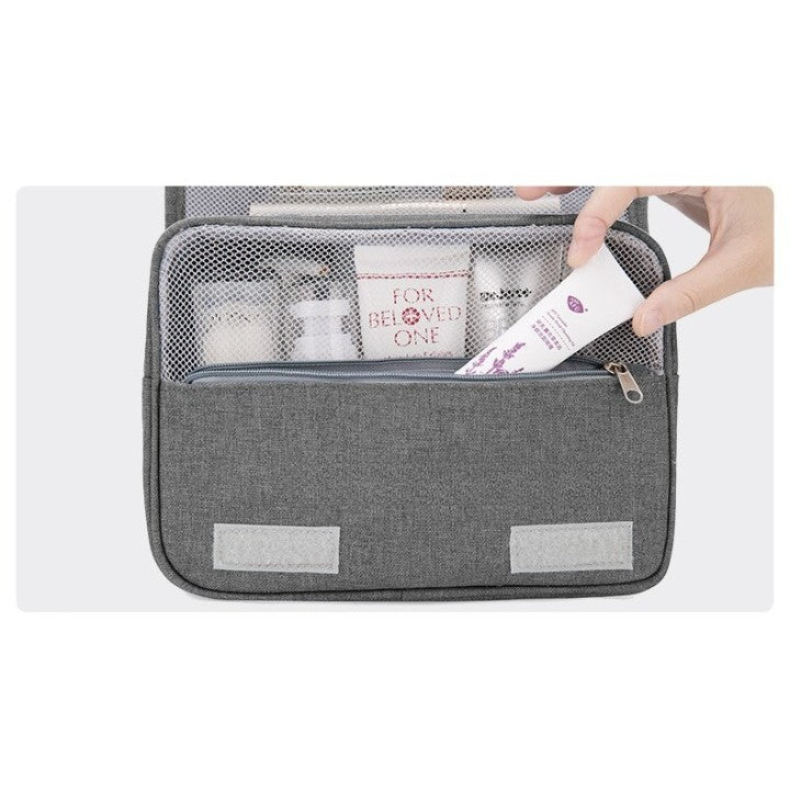 Geanta cosmetice voiaj, material panza, impermeabil, 3 compartimente, cu agatatoare, Gri, 47 x 28 x 20 cm