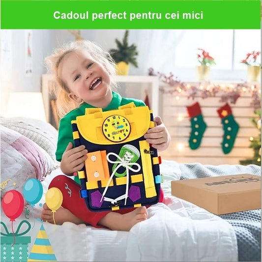 Ghiozdan Montessori, pentru Copii 2-6 ani, Fidget Pop, cu Catarame si Fermoare, Jucarii Senzoriale, Activitate de Invatare prin Joc, Albastru Marin, 0.25 kg, 28x10x23 cm
