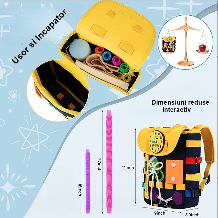 Ghiozdan Montessori, pentru Copii 2-6 ani, Fidget Pop, cu Catarame si Fermoare, Jucarii Senzoriale, Activitate de Invatare prin Joc, Albastru Marin, 0.25 kg, 28x10x23 cm