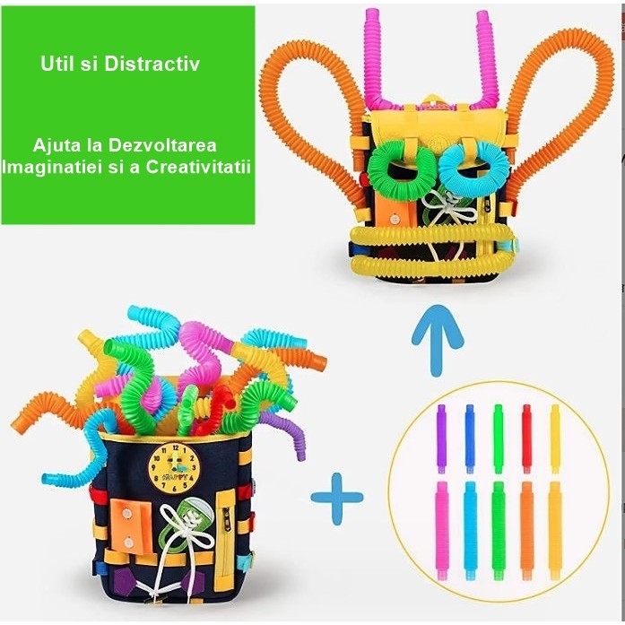 Ghiozdan Montessori, pentru Copii 2-6 ani, Fidget Pop, cu Catarame si Fermoare, Jucarii Senzoriale, Activitate de Invatare prin Joc, Albastru Marin, 0.25 kg, 28x10x23 cm
