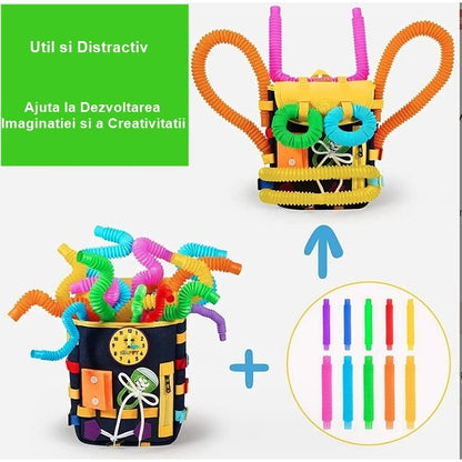 Ghiozdan Montessori, pentru Copii 2-6 ani, Fidget Pop, cu Catarame si Fermoare, Jucarii Senzoriale, Activitate de Invatare prin Joc, Albastru Marin, 0.25 kg, 28x10x23 cm