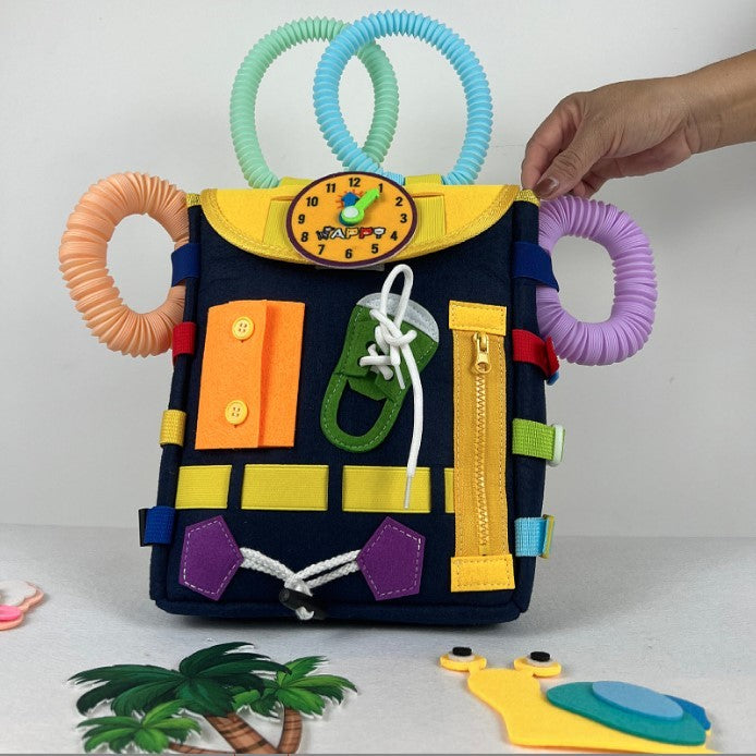 Ghiozdan Montessori, pentru Copii 2-6 ani, Fidget Pop, cu Catarame si Fermoare, Jucarii Senzoriale, Activitate de Invatare prin Joc, Albastru Marin, 0.25 kg, 28x10x23 cm