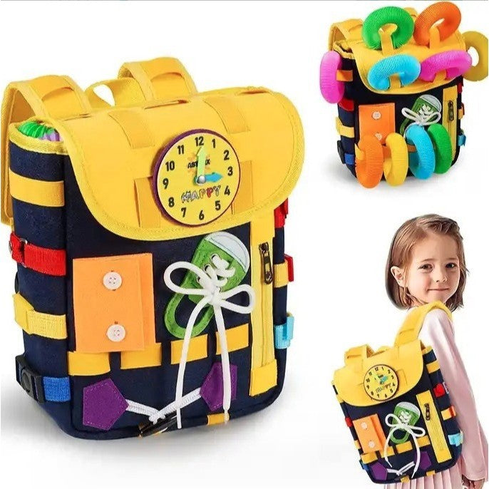 Ghiozdan Montessori, pentru Copii 2-6 ani, Fidget Pop, cu Catarame si Fermoare, Jucarii Senzoriale, Activitate de Invatare prin Joc, Albastru Marin, 0.25 kg, 28x10x23 cm