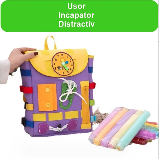 Ghiozdan Montessori, pentru Copii 2-6 ani, Fidget Pop, cu Catarame si Fermoare, Jucarii Senzoriale, Activitate de Invatare prin Joc, Mov, 0.25 kg, 28x10x23 cm