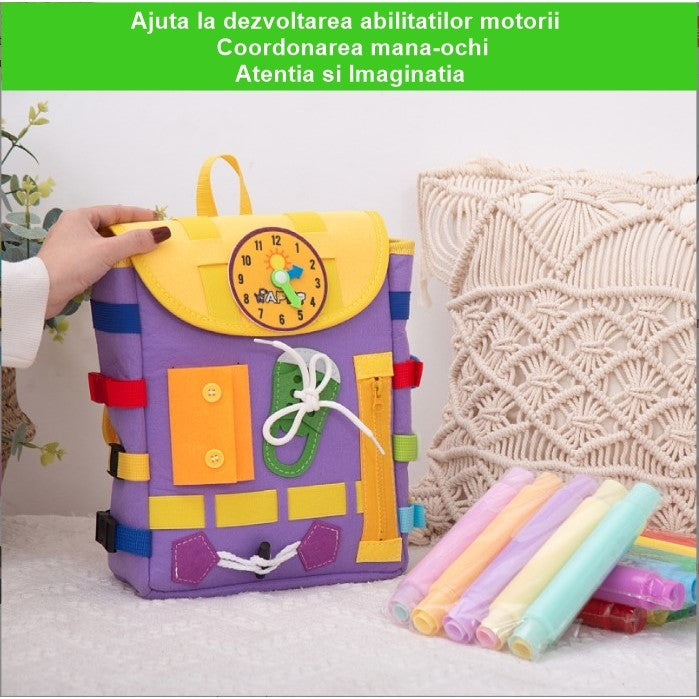 Ghiozdan Montessori, pentru Copii 2-6 ani, Fidget Pop, cu Catarame si Fermoare, Jucarii Senzoriale, Activitate de Invatare prin Joc, Mov, 0.25 kg, 28x10x23 cm