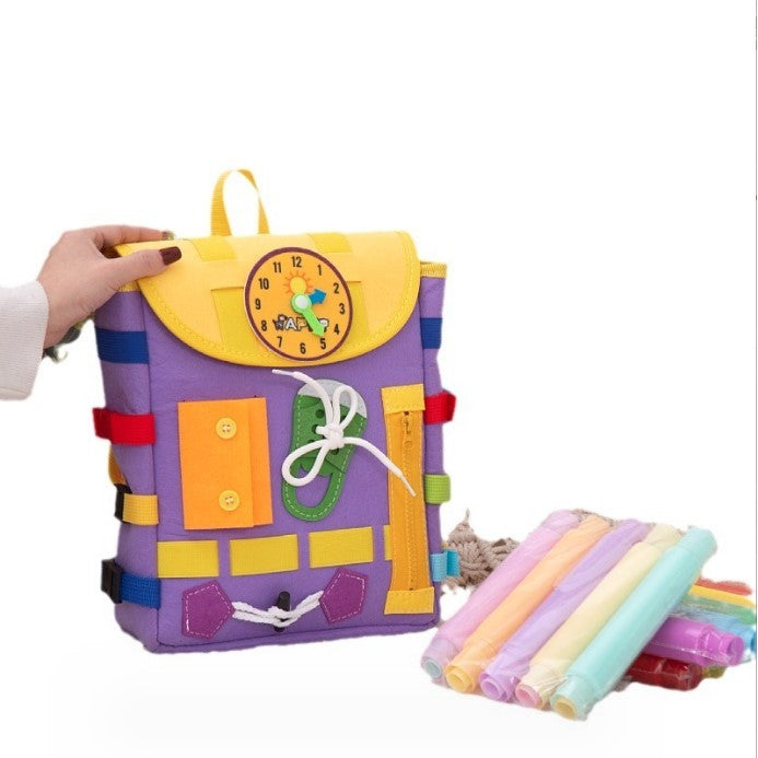 Ghiozdan Montessori, pentru Copii 2-6 ani, Fidget Pop, cu Catarame si Fermoare, Jucarii Senzoriale, Activitate de Invatare prin Joc, Mov, 0.25 kg, 28x10x23 cm