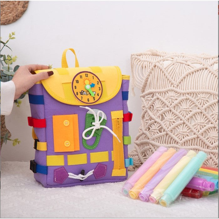 Ghiozdan Montessori, pentru Copii 2-6 ani, Fidget Pop, cu Catarame si Fermoare, Jucarii Senzoriale, Activitate de Invatare prin Joc, Mov, 0.25 kg, 28x10x23 cm