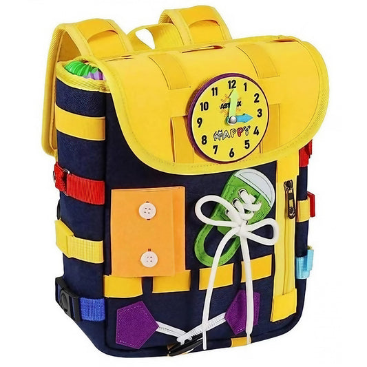 Ghiozdan Montessori, pentru Copii 2-6 ani, Fidget Pop, cu Catarame si Fermoare, Jucarii Senzoriale, Activitate de Invatare prin Joc, Albastru Marin, 0.25 kg, 28x10x23 cm