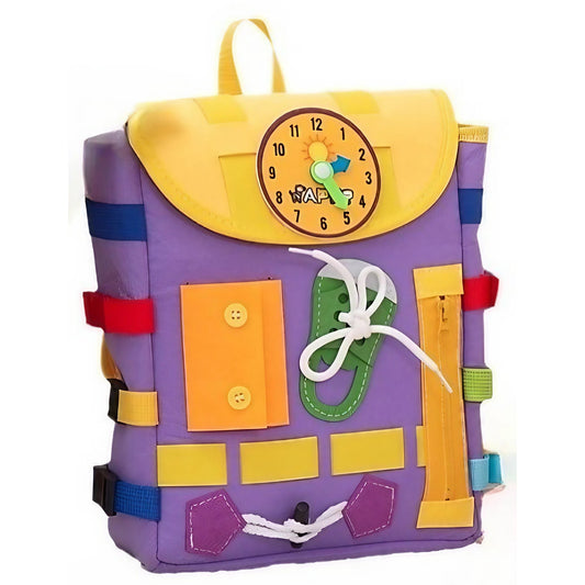 Ghiozdan Montessori, pentru Copii 2-6 ani, Fidget Pop, cu Catarame si Fermoare, Jucarii Senzoriale, Activitate de Invatare prin Joc, Mov, 0.25 kg, 28x10x23 cm