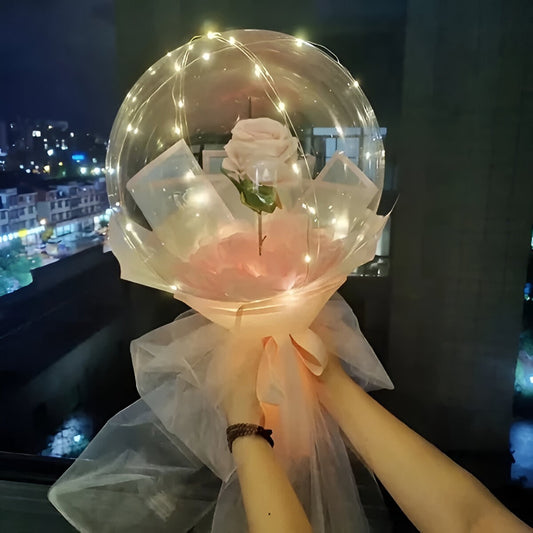 Trandafir in Balon LED cu Lumini, Tip Buchet, Diametru 35 cm, Roz