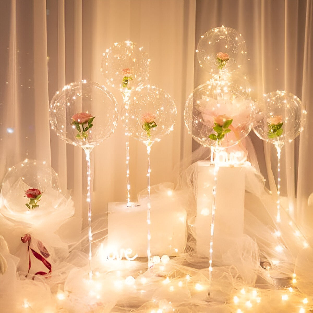 Trandafir in Balon LED cu Lumini, Tip Buchet, Diametru 35 cm, Roz