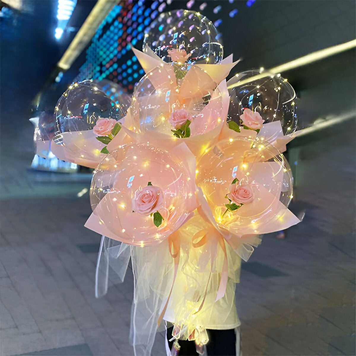Trandafir in Balon LED cu Lumini, Tip Buchet, Diametru 35 cm, Roz