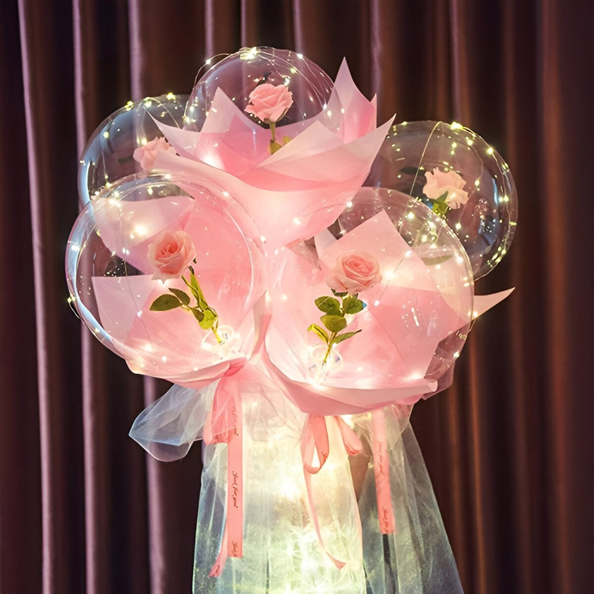 Trandafir in Balon LED cu Lumini, Tip Buchet, Diametru 35 cm, Roz