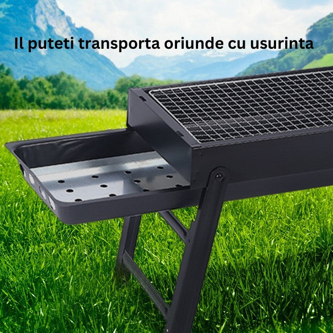 Gratar Portabil, Confectionat din Metal, pentru Picnic, Gradina, Terasa, Camping, Dimensiuni Reduse, 60x22x23 cm, Negru