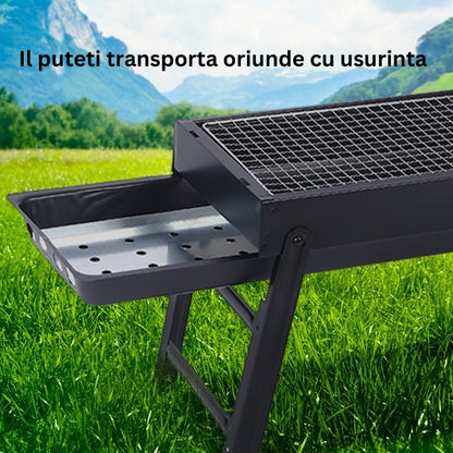 Gratar Portabil, Confectionat din Metal, pentru Picnic, Gradina, Terasa, Camping, Dimensiuni Reduse, 60x22x23 cm, Negru