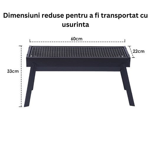 Gratar Portabil, Confectionat din Metal, pentru Picnic, Gradina, Terasa, Camping, Dimensiuni Reduse, 60x22x23 cm, Negru