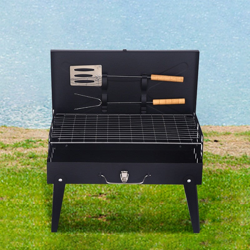 Gratar Portabil, Pliabil, Tip Servieta, cu Accesorii pentru Gatit Incluse, Confectionat din Metal, 46x43x26 cm, Negru