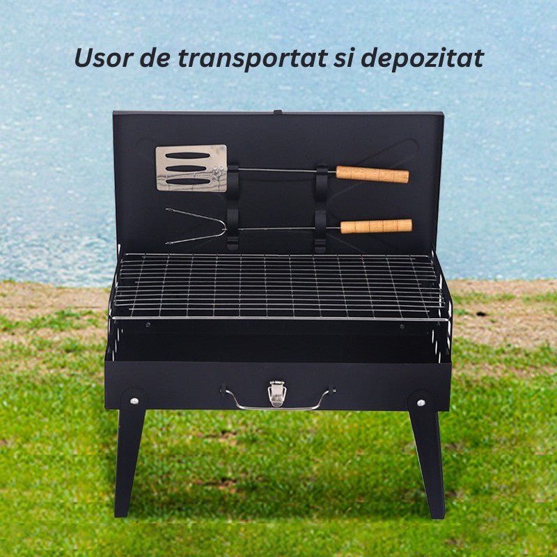 Gratar Portabil, Pliabil, Tip Servieta, cu Accesorii pentru Gatit Incluse, Confectionat din Metal, 46x43x26 cm, Negru