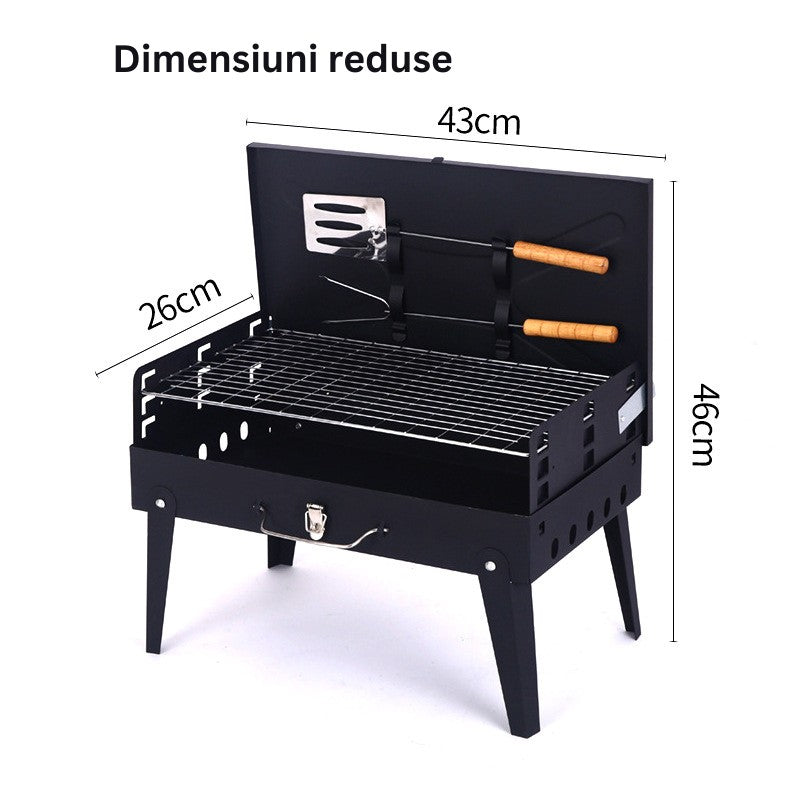Gratar Portabil, Pliabil, Tip Servieta, cu Accesorii pentru Gatit Incluse, Confectionat din Metal, 46x43x26 cm, Negru