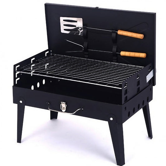 Gratar Portabil, Pliabil, Tip Servieta, cu Accesorii pentru Gatit Incluse, Confectionat din Metal, 46x43x26 cm, Negru