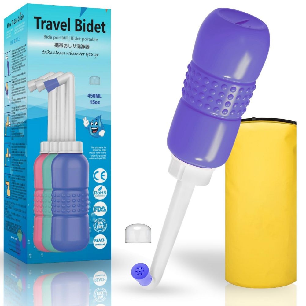 Bideu Portabil pentru Igiena Intima, pentru Postpartum/ Postoperator, 450 mL, cu Capac si Husa Galbena, 29.5x7 cm, Culoare Recipient Mov