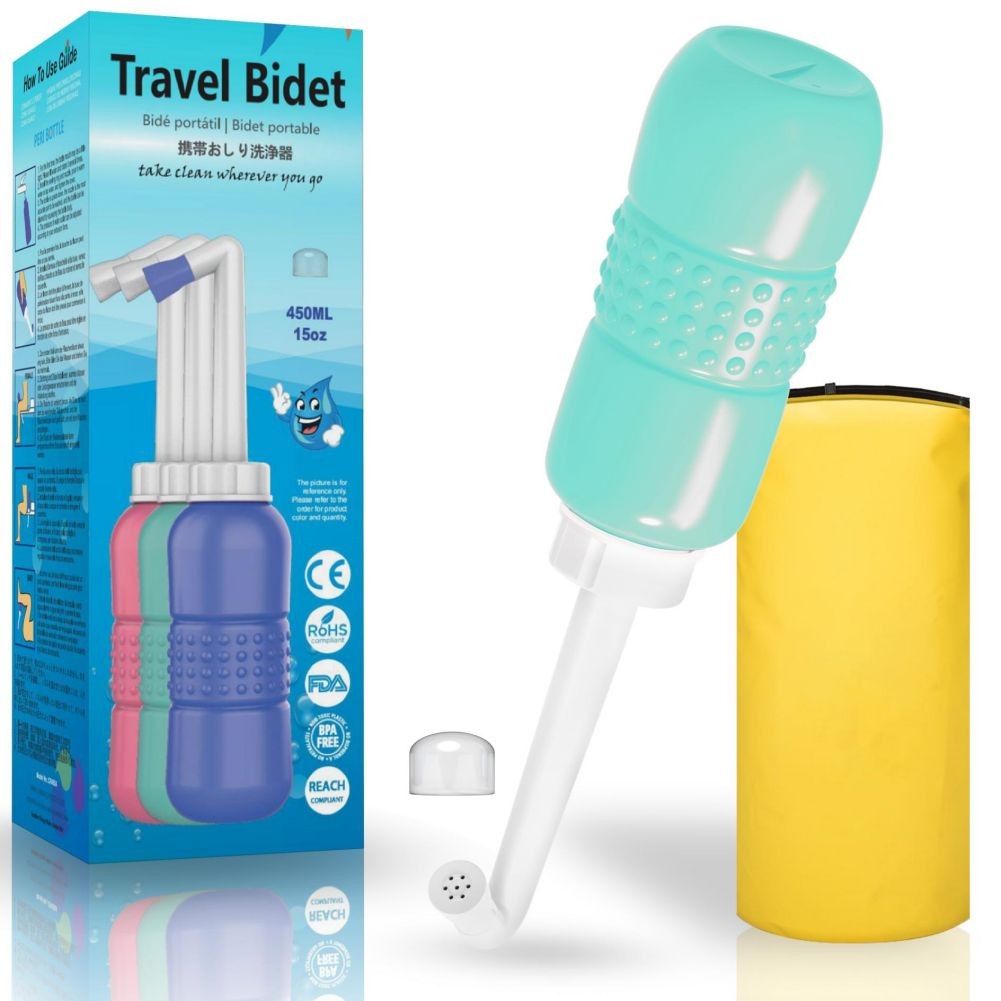 Bideu Portabil pentru Igiena Intima, pentru Postpartum/ Postoperator, 450 mL, cu Capac si Husa Galbena, 29.5x7 cm, Culoare Recipient Verde