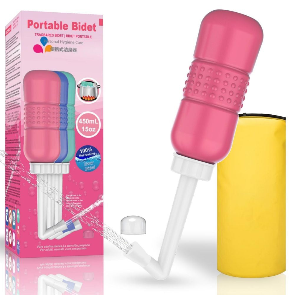 Bideu Portabil pentru Igiena Intima, pentru Postpartum/ Postoperator, 450 mL, cu Capac si Husa Galbena, 29.5x7 cm, Culoare Recipient Roz
